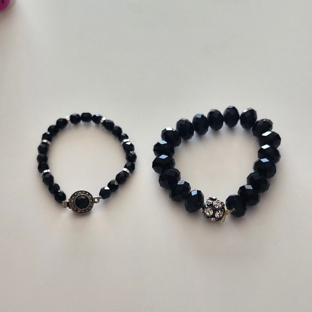 2pc Black Faceted Glass Bead Bracelet Lot Rhinestone Stretch Box Clasp Jewelry